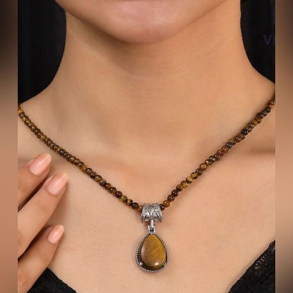 Tiger's Eye Solitaire Pendant with Beaded Necklace 20 Inches in Stainless Steel - Picture 2 of 8